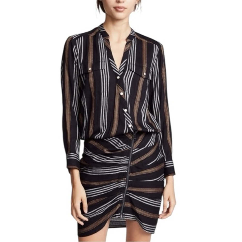 Veronica Beard Emory Ruched Cargo Shirt Dress In Black Multi Stripe Size 4